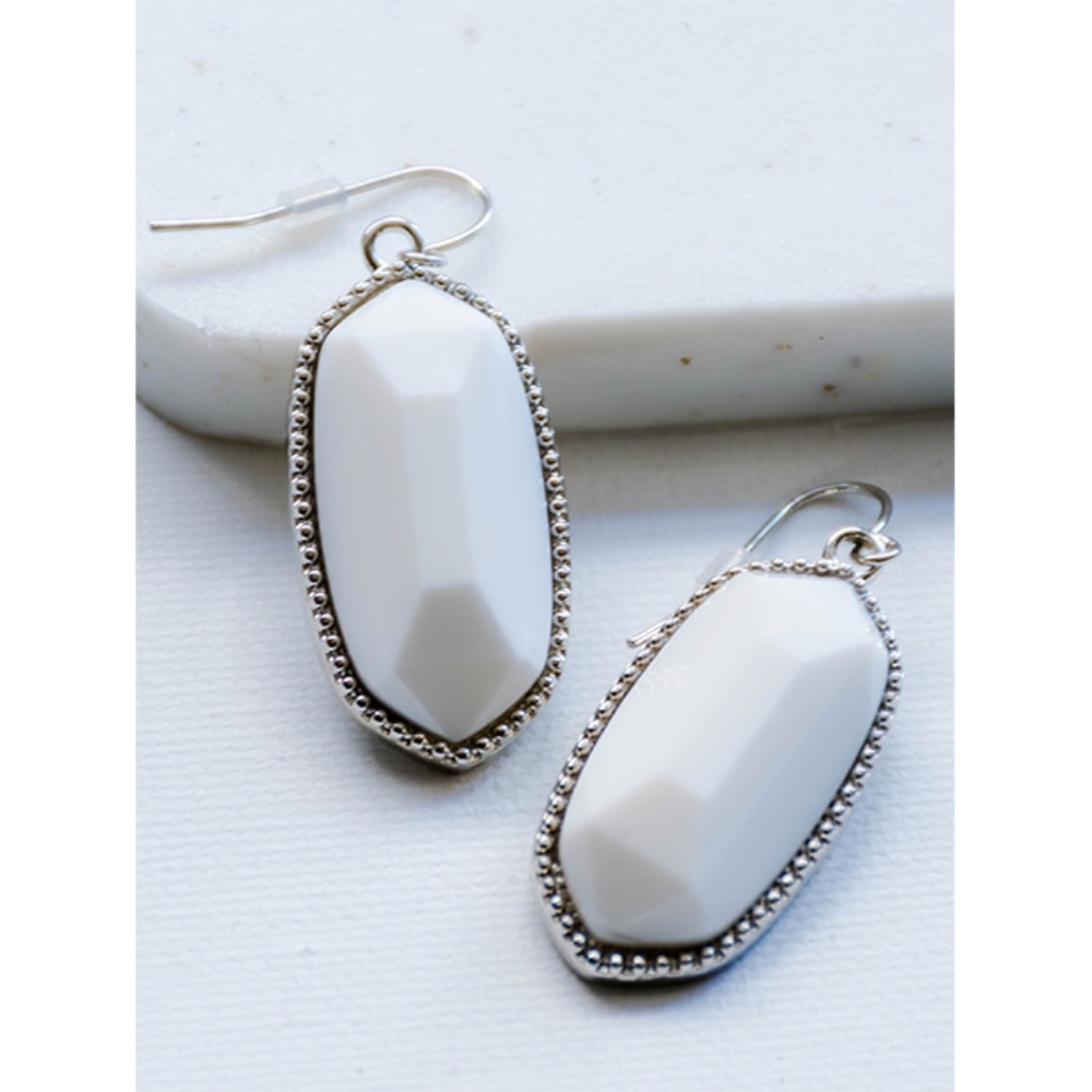 •||WHITE||• OVAL STONE SILVER HOOK DETAIL EARRINGS